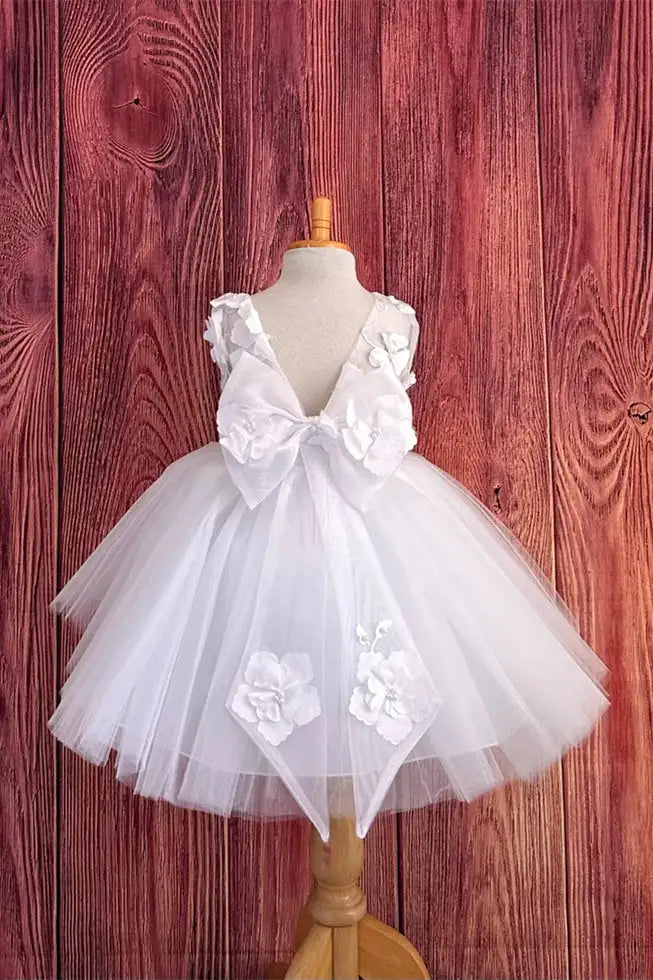 Wedding Flower Girl Dress Cute A-Line Round Neck Sleeveless V-Back with 3D Flowers Exquisite Girl Communion Formal Dress Princess Dress