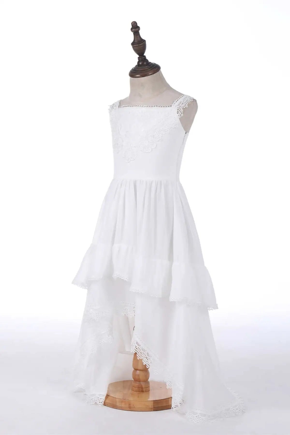 Wedding Flower Girl Dress Lace A Line Square Neck Sleeveless Hi-Low Tiers Ruched Girl Communion Formal Dress Princess Dress