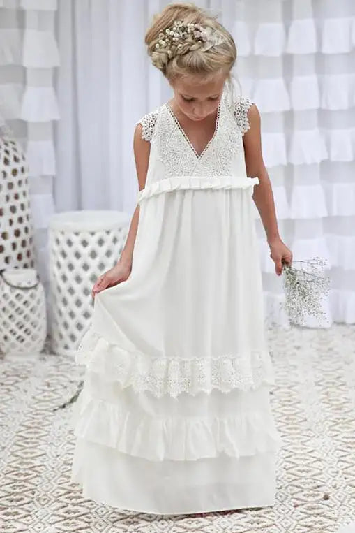 Wedding Flower Girl Dress Lace V Neck Boho Chiffon Ruched Long Girl Communion Formal Dress Princess Dress