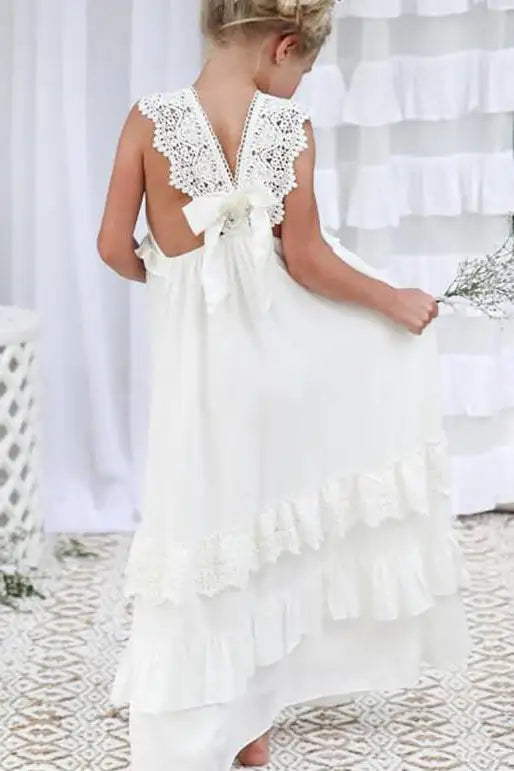 Wedding Flower Girl Dress Lace V Neck Boho Chiffon Ruched Long Girl Communion Formal Dress Princess Dress