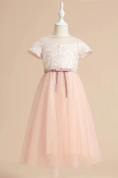 Wedding Flower Girl Dress Sequin A-Line Round Neck Short Sleeves Sparkle Elegant Long Girl Communion Formal Dress Princess Dress