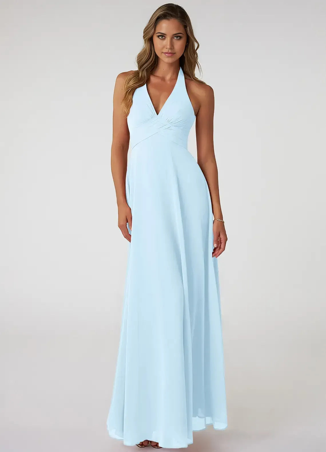 Whimsical A-Line Halter V-Neck Twist-Bust Sleeveless Low-Back Floor-Length Wedding Bridesmaid Dress