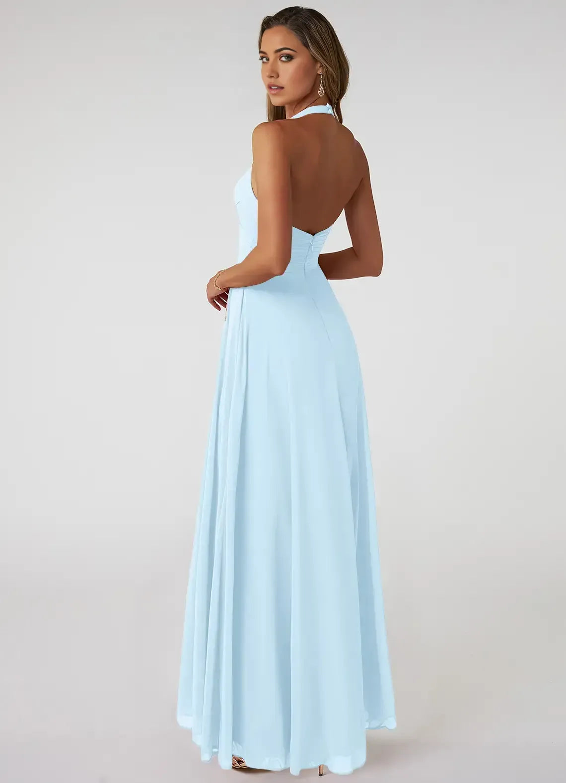 Whimsical A-Line Halter V-Neck Twist-Bust Sleeveless Low-Back Floor-Length Wedding Bridesmaid Dress