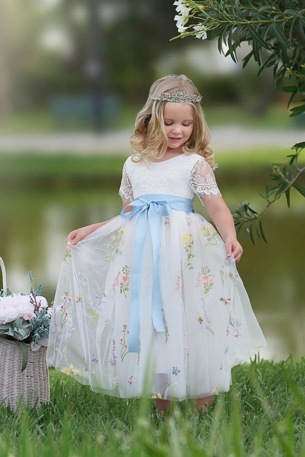 Whimsical A-Line Lace Short Sleeve Low Back Tea-Length Outdoor Flower Girl Dress