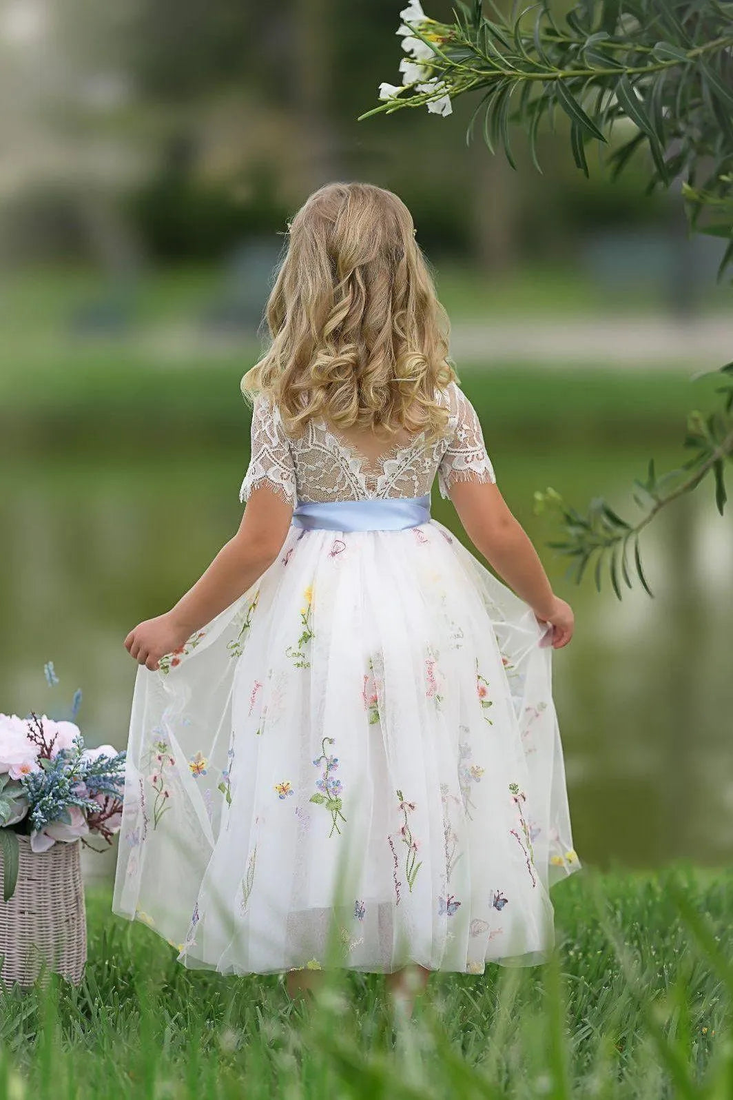 Whimsical A-Line Lace Short Sleeve Low Back Tea-Length Outdoor Flower Girl Dress