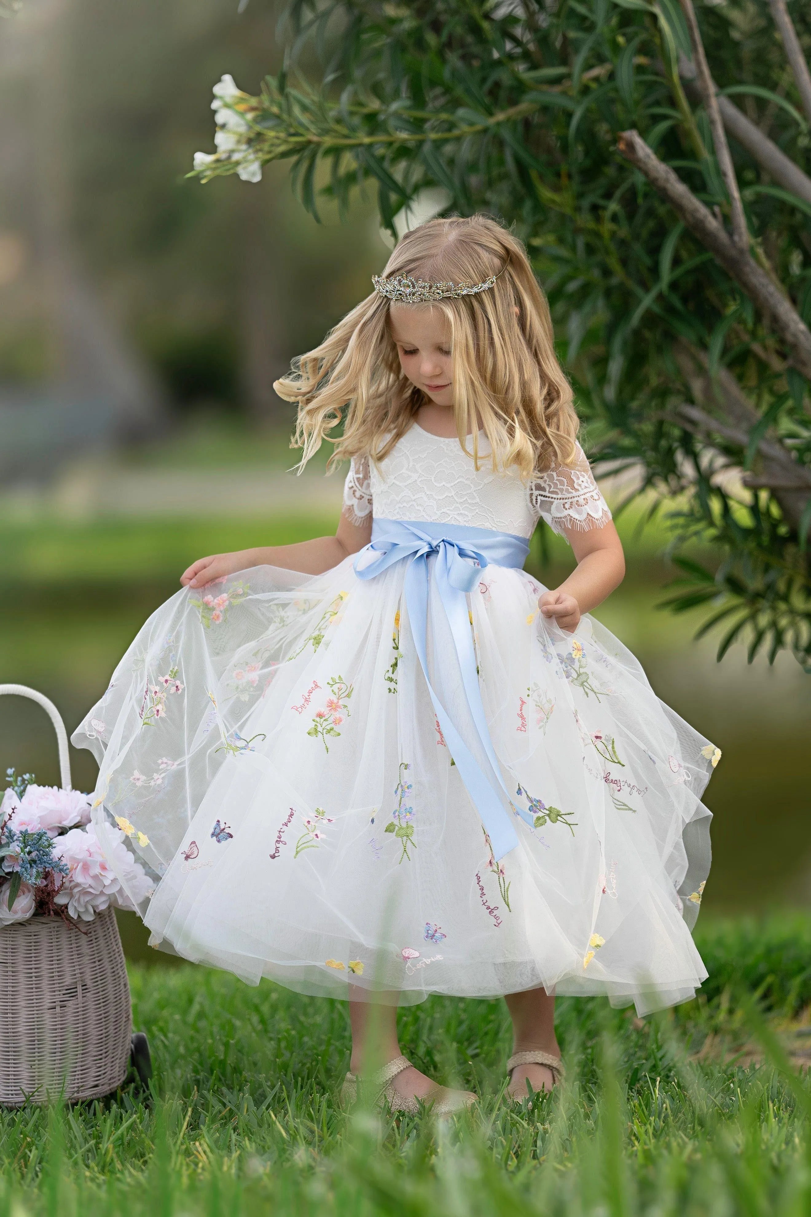 Whimsical A-Line Lace Short Sleeve Low Back Tea-Length Outdoor Flower Girl Dress