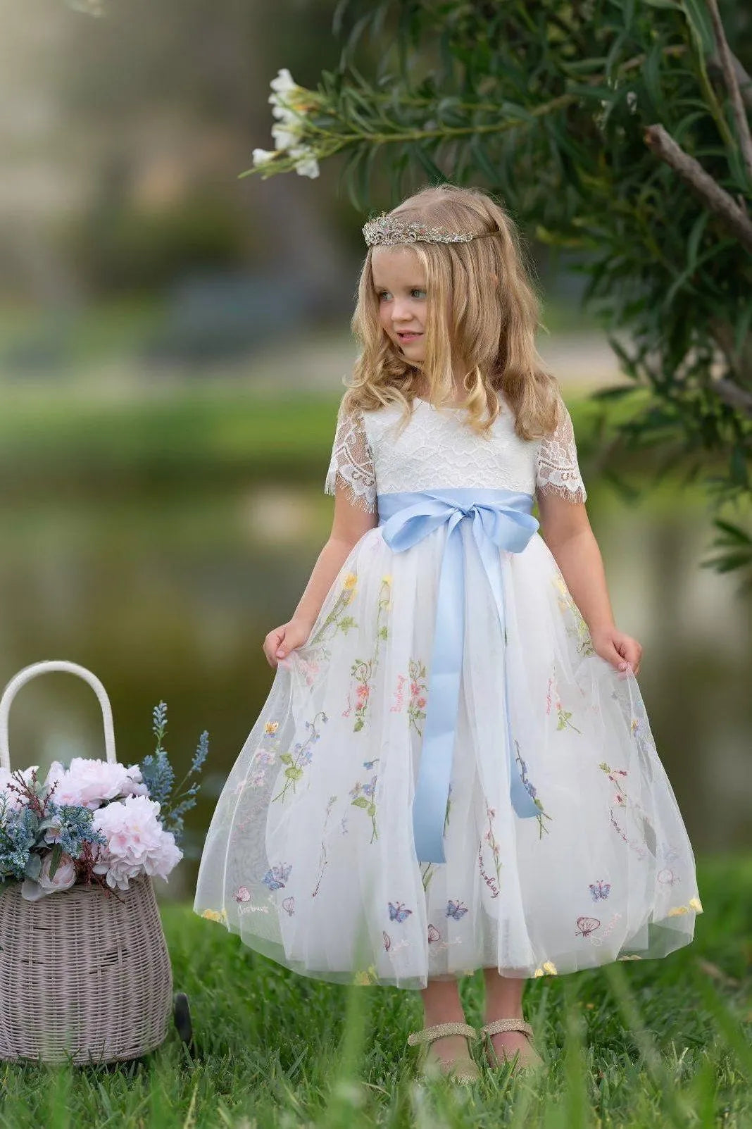 Whimsical A-Line Lace Short Sleeve Low Back Tea-Length Outdoor Flower Girl Dress