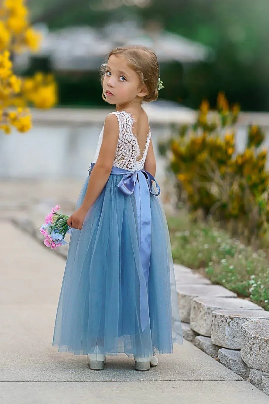 Whimsical A-Line Round Neck Sleeveless V-Back Floor-Length Outdoor Flower Girl Dress