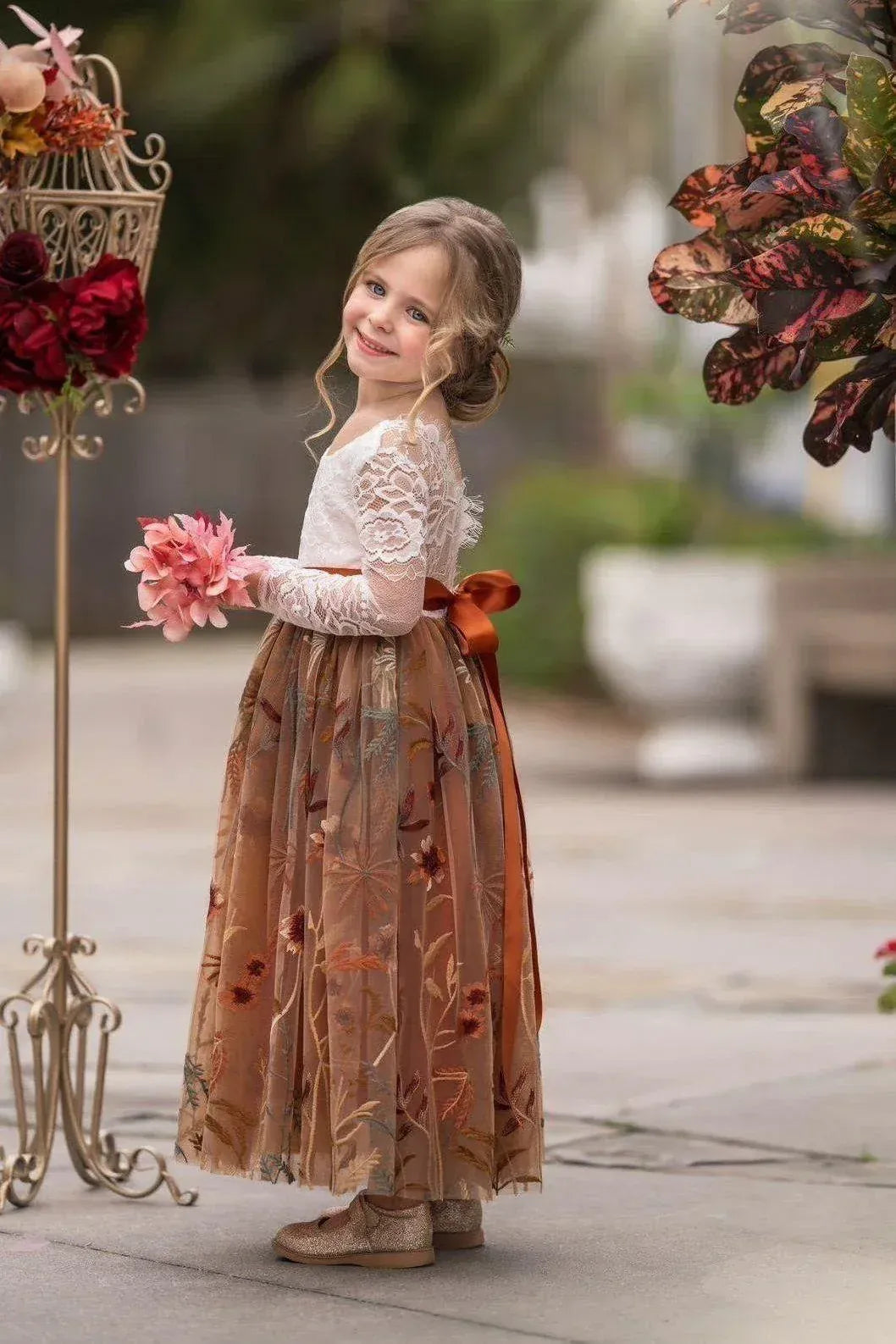 Whimsical A-Line Scoop Neck Long Sleeve V-Back Floor-Length Outdoor Flower Girl Dress