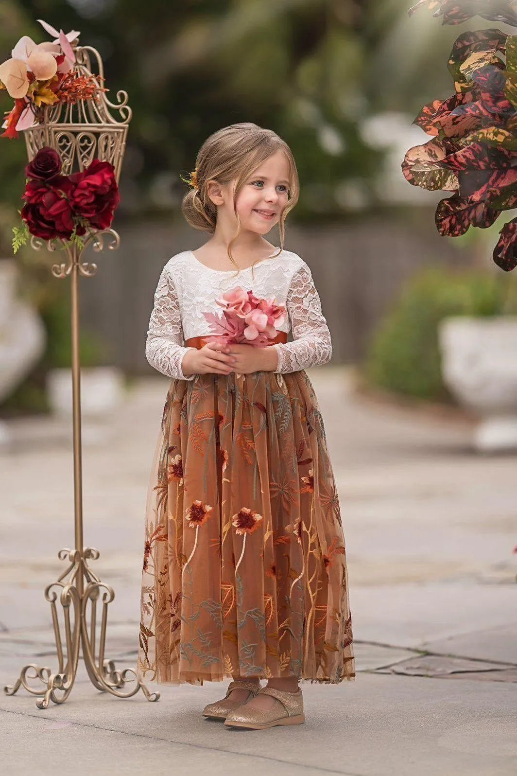 Whimsical A-Line Scoop Neck Long Sleeve V-Back Floor-Length Outdoor Flower Girl Dress