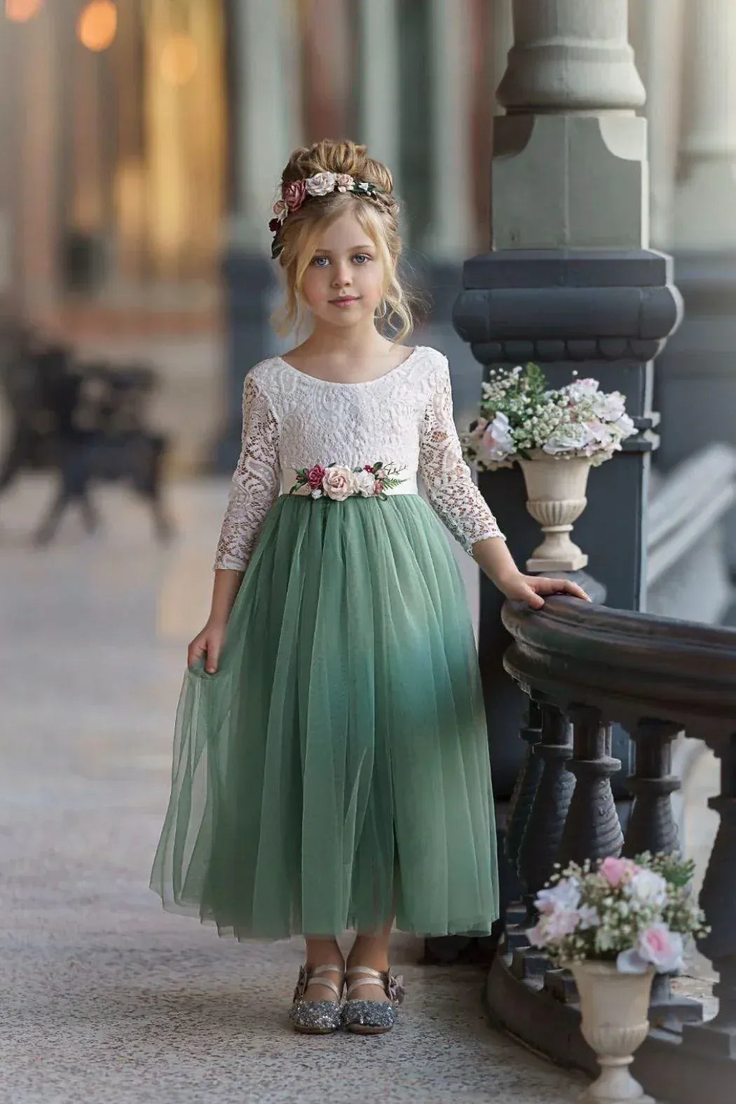 Whimsical A-Line Scoop Neck Three-Quarter Sleeve V-Back Floor-Length Outdoor Flower Girl Dress