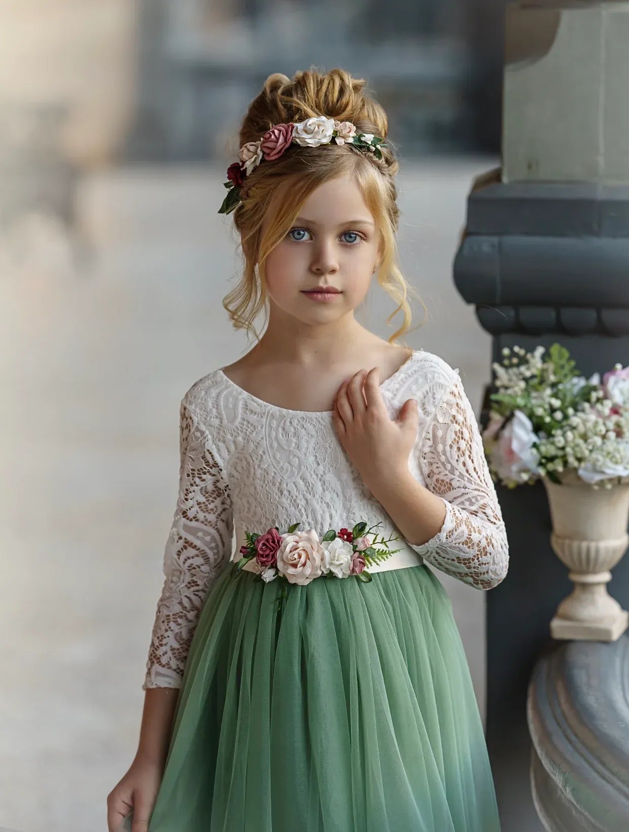 Whimsical A-Line Scoop Neck Three-Quarter Sleeve V-Back Floor-Length Outdoor Flower Girl Dress