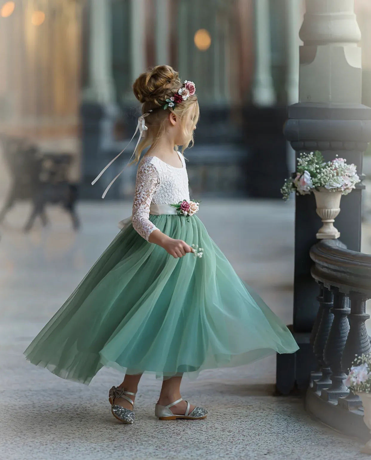 Whimsical A-Line Scoop Neck Three-Quarter Sleeve V-Back Floor-Length Outdoor Flower Girl Dress