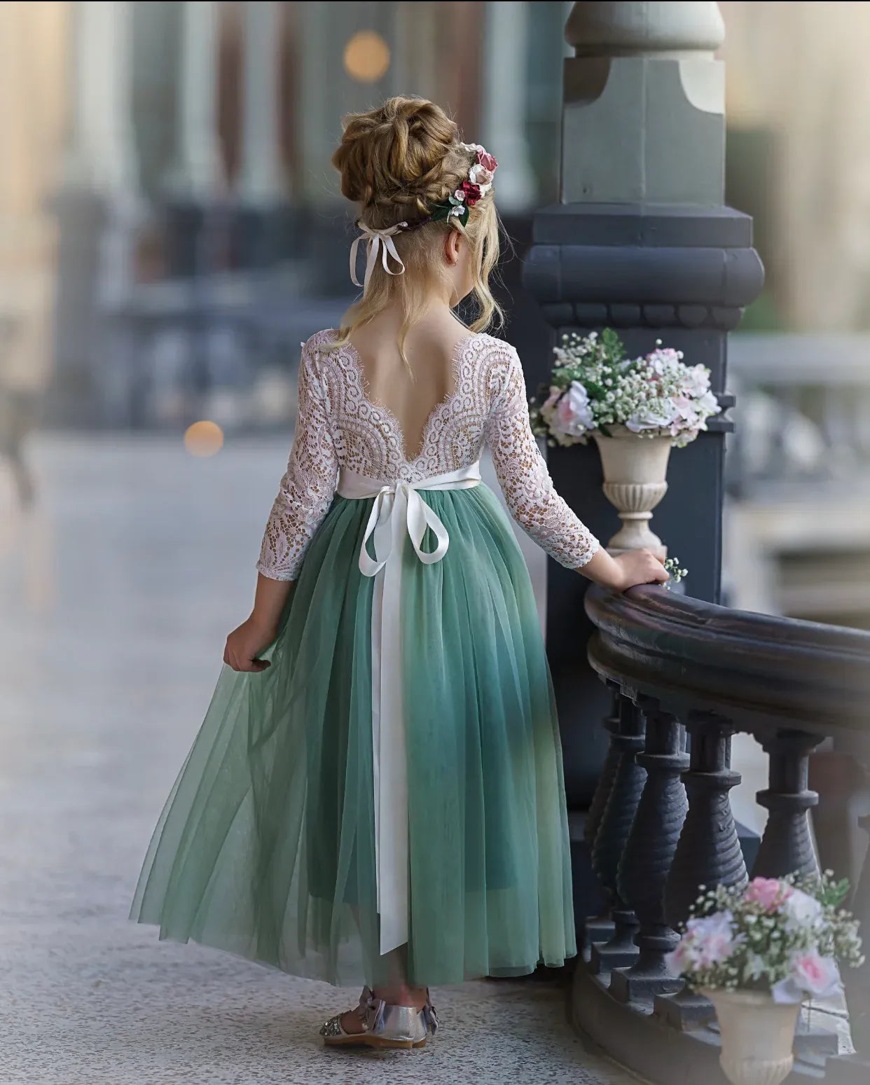 Whimsical A-Line Scoop Neck Three-Quarter Sleeve V-Back Floor-Length Outdoor Flower Girl Dress