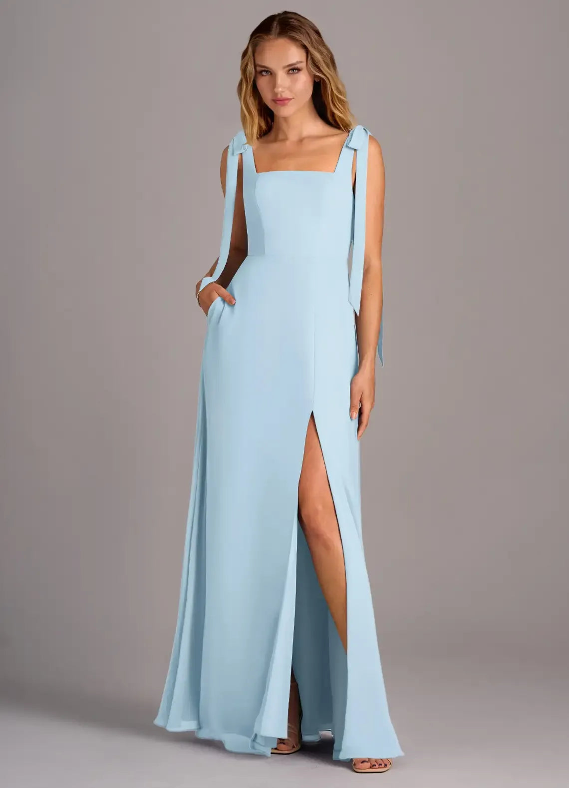 Whimsical A-Line Square-Neck Bow-Strap Sleeveless Low-Back Floor-Length Wedding Bridesmaid Dress