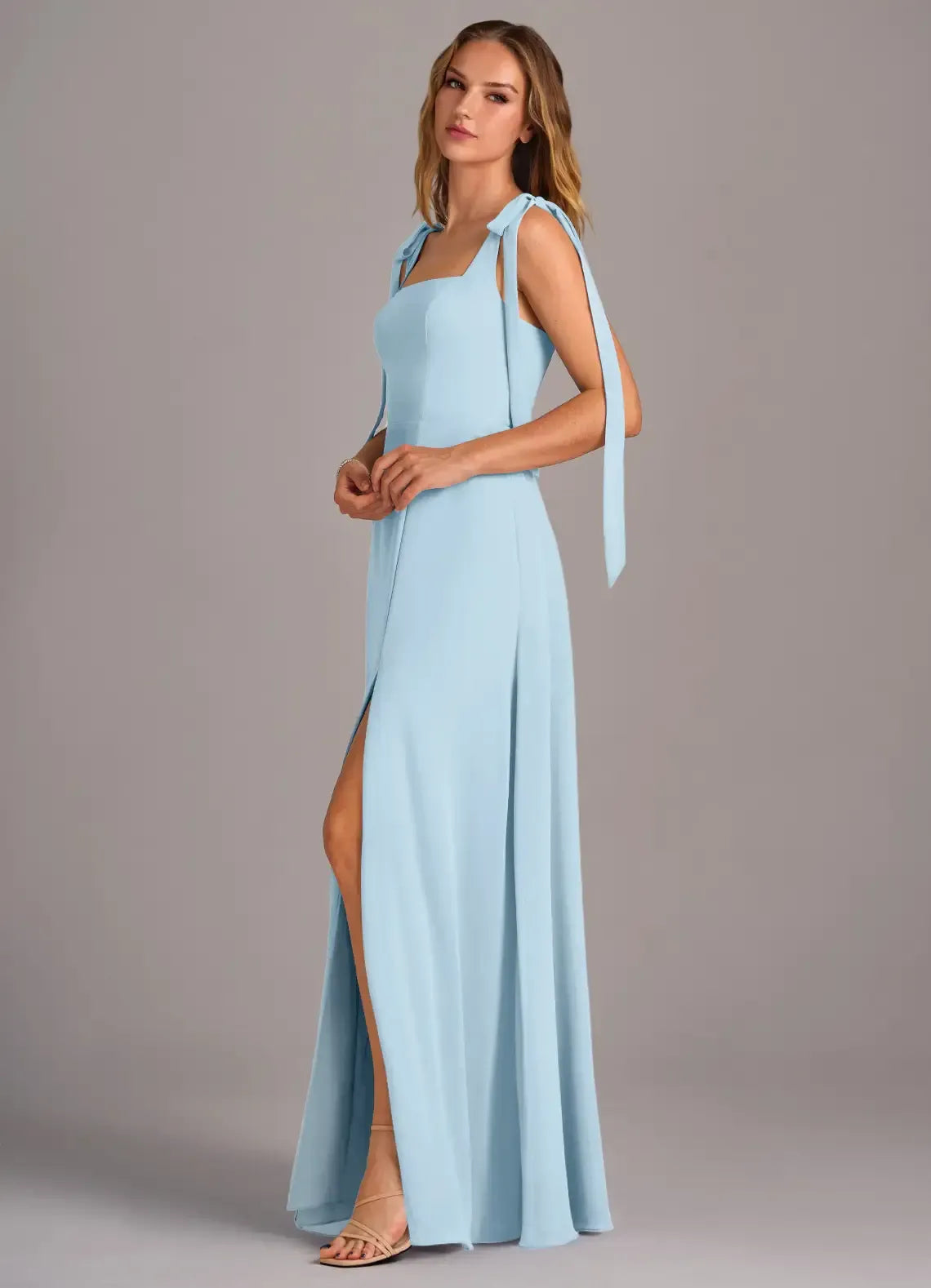 Whimsical A-Line Square-Neck Bow-Strap Sleeveless Low-Back Floor-Length Wedding Bridesmaid Dress