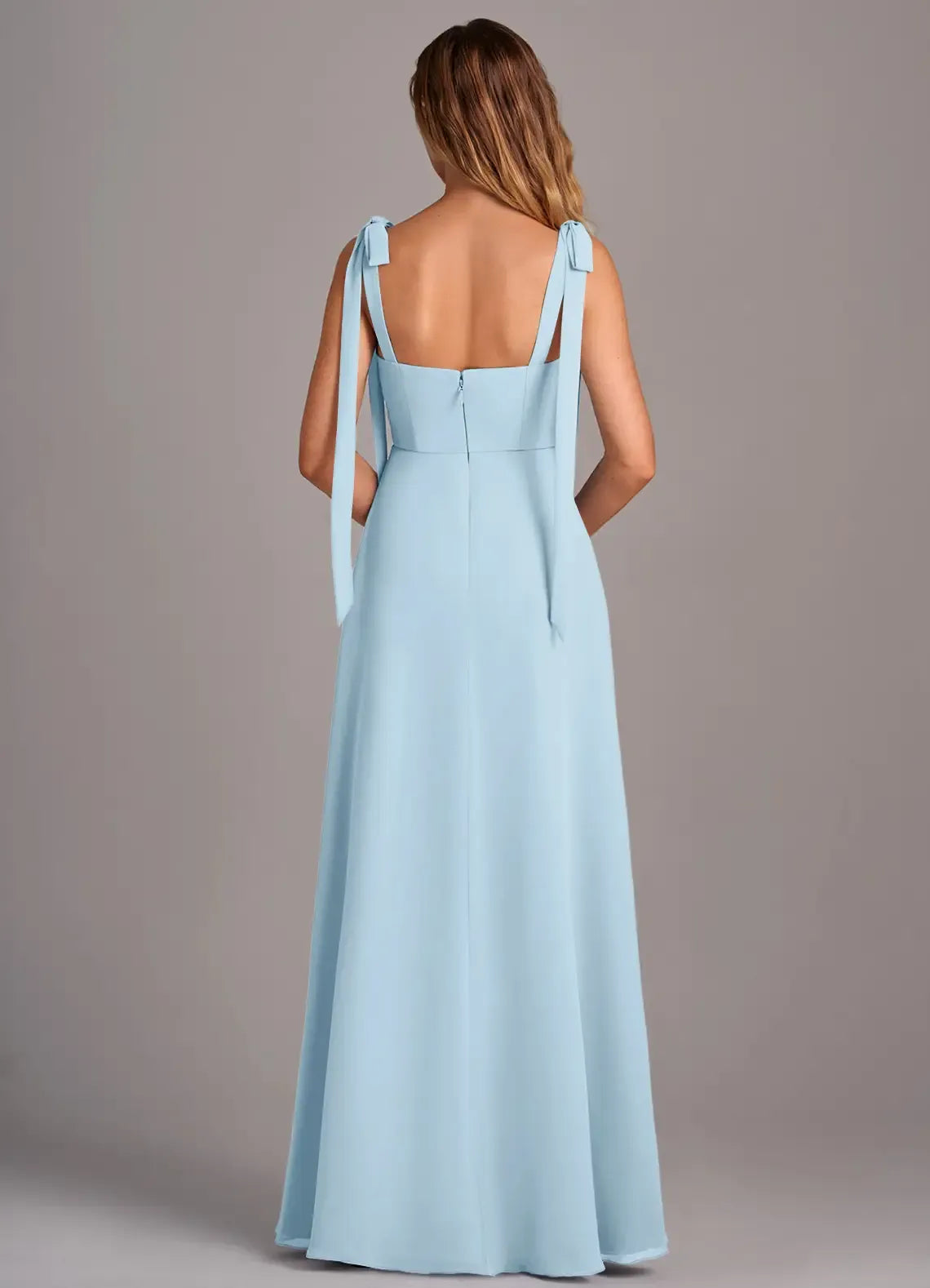Whimsical A-Line Square-Neck Bow-Strap Sleeveless Low-Back Floor-Length Wedding Bridesmaid Dress