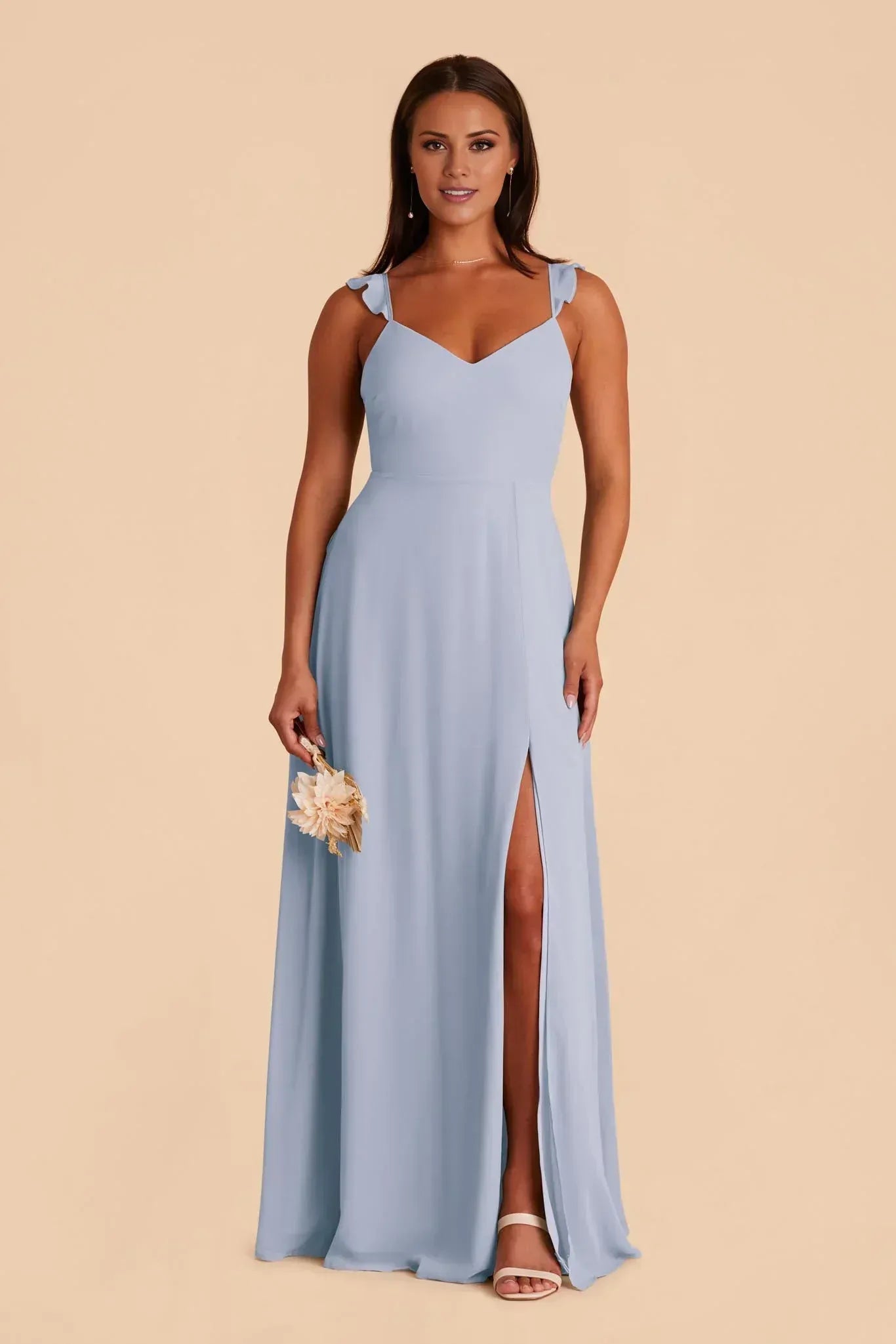 Whimsical A Line V Neck Ruffle Strap Bow Back Floor Length Wedding Bridesmaid Dress