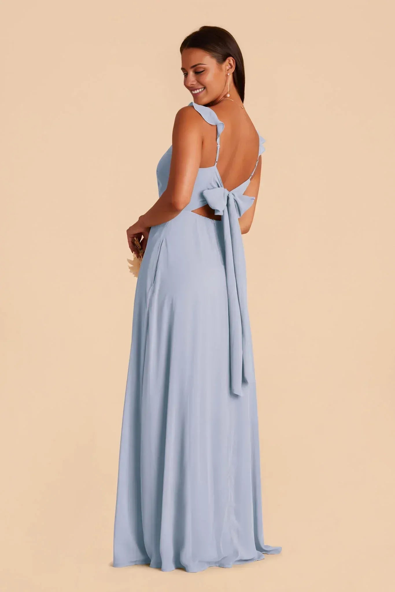 Whimsical A Line V Neck Ruffle Strap Bow Back Floor Length Wedding Bridesmaid Dress