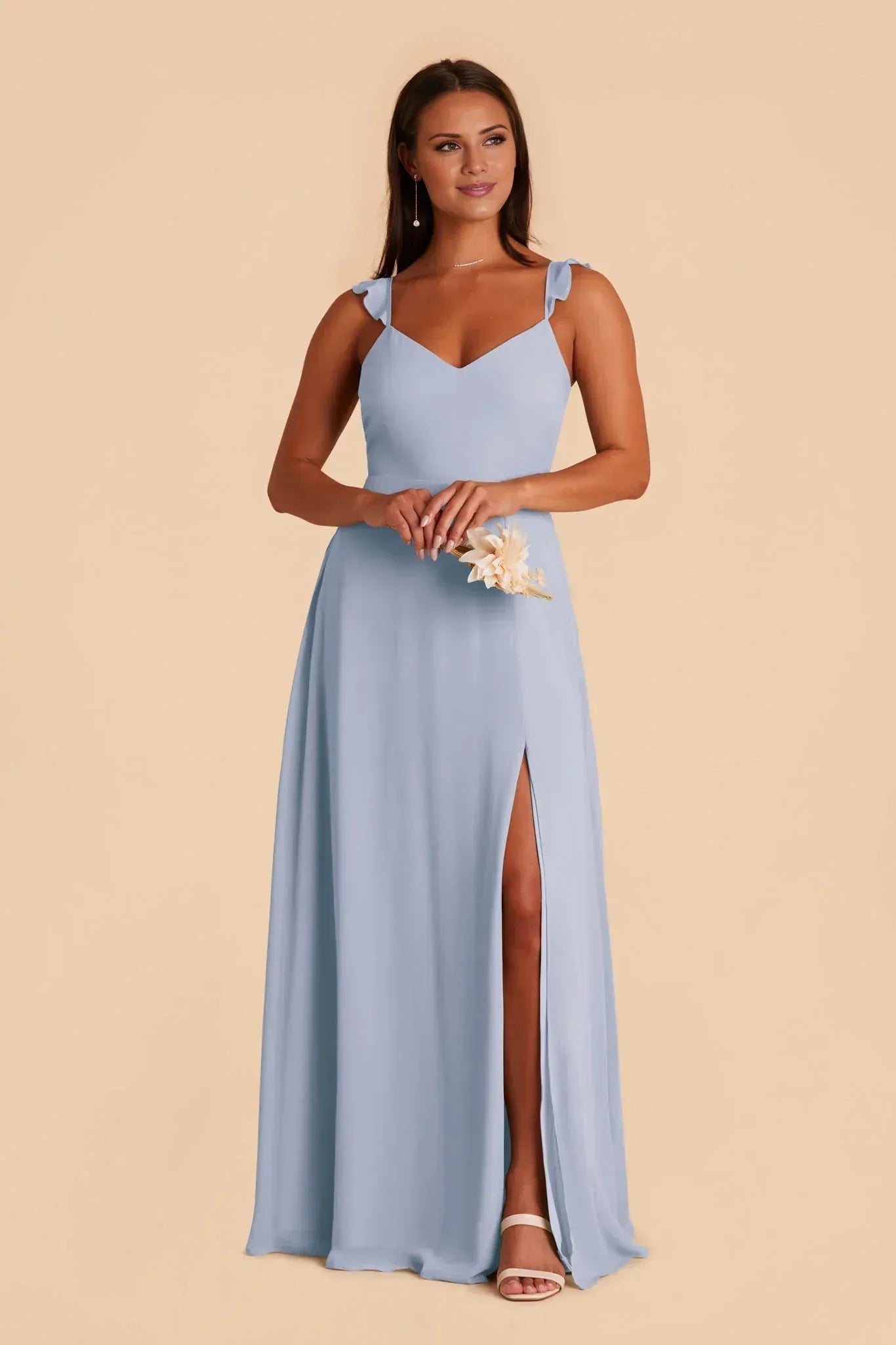 Whimsical A Line V Neck Ruffle Strap Bow Back Floor Length Wedding Bridesmaid Dress