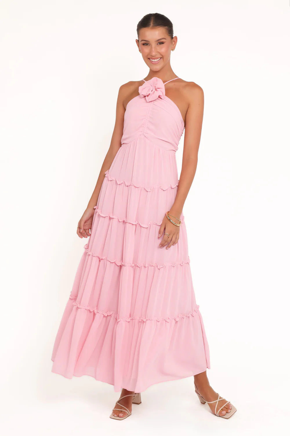 Whimsical Floor-Length Halter-Neck Tiered Ruffle Wedding Guest Dress