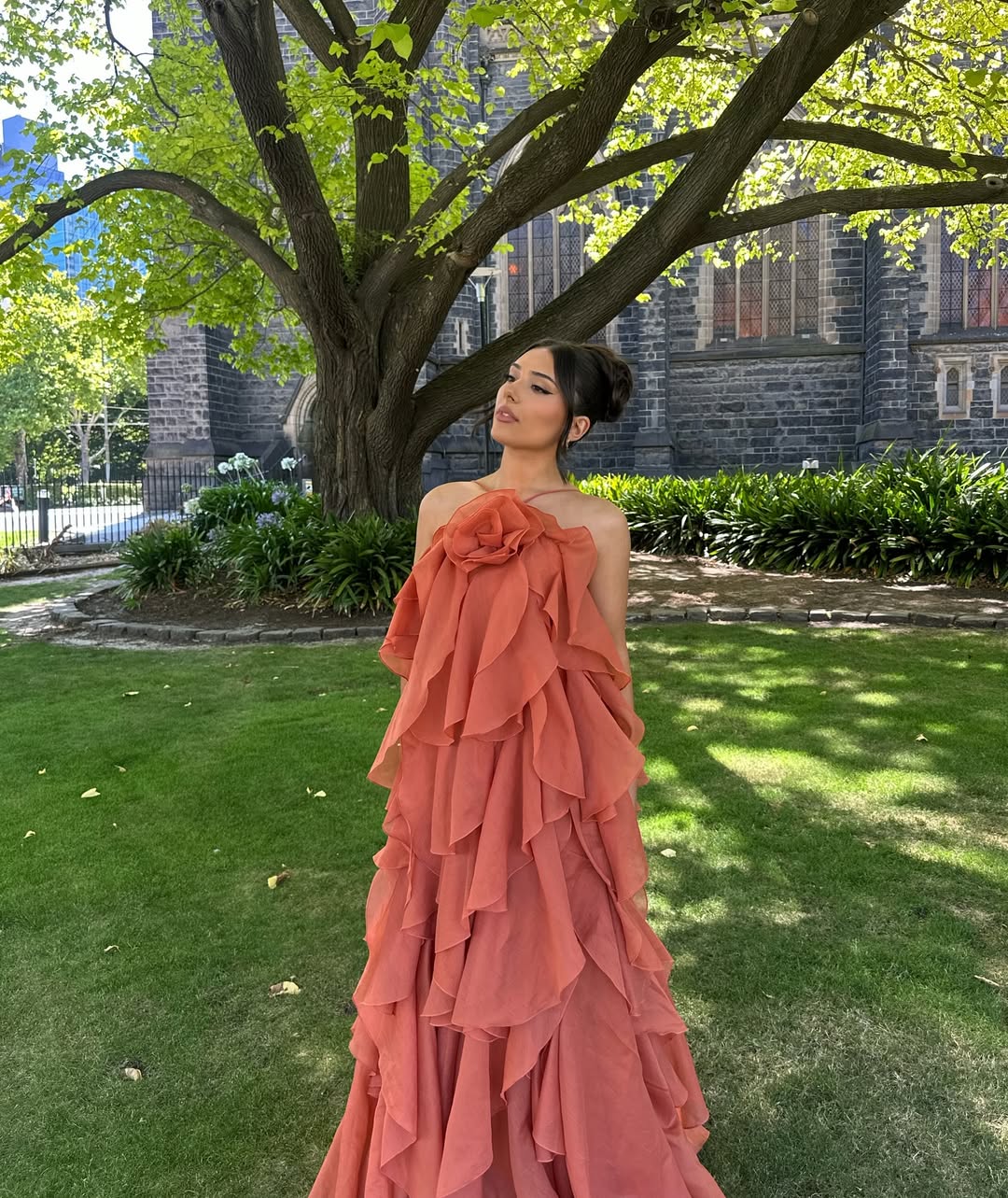 Whimsical Floor-Length One-Shoulder Ruffled Floral Wedding Guest Dress