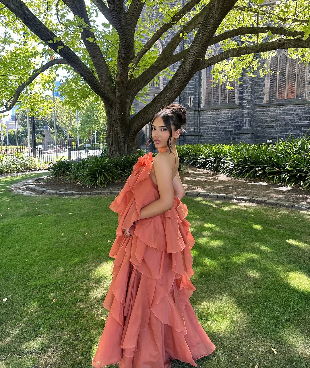 Whimsical Floor-Length One-Shoulder Ruffled Floral Wedding Guest Dress