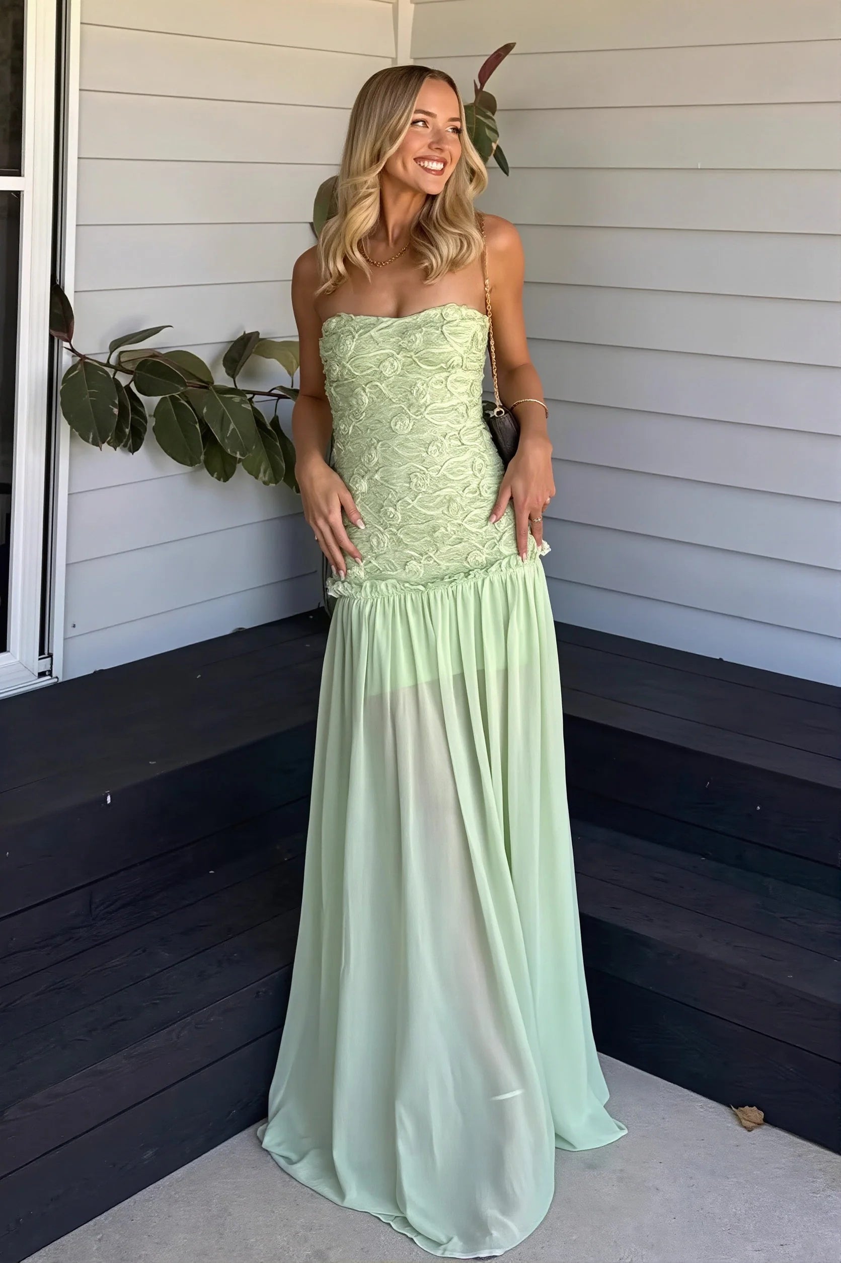 Whimsical Floor-Length Strapless Textured Chiffon Wedding Guest Dress