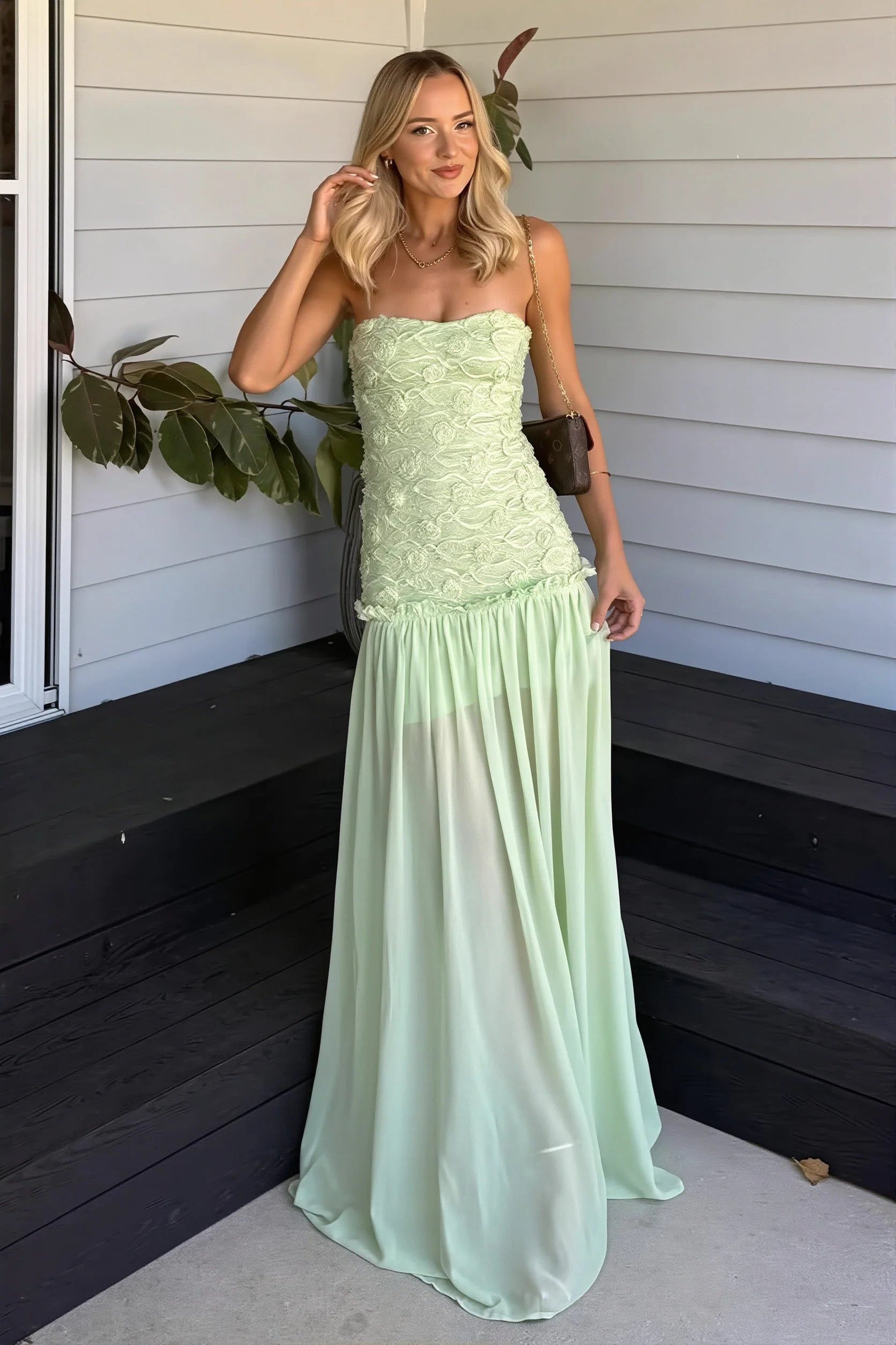 Whimsical Floor-Length Strapless Textured Chiffon Wedding Guest Dress