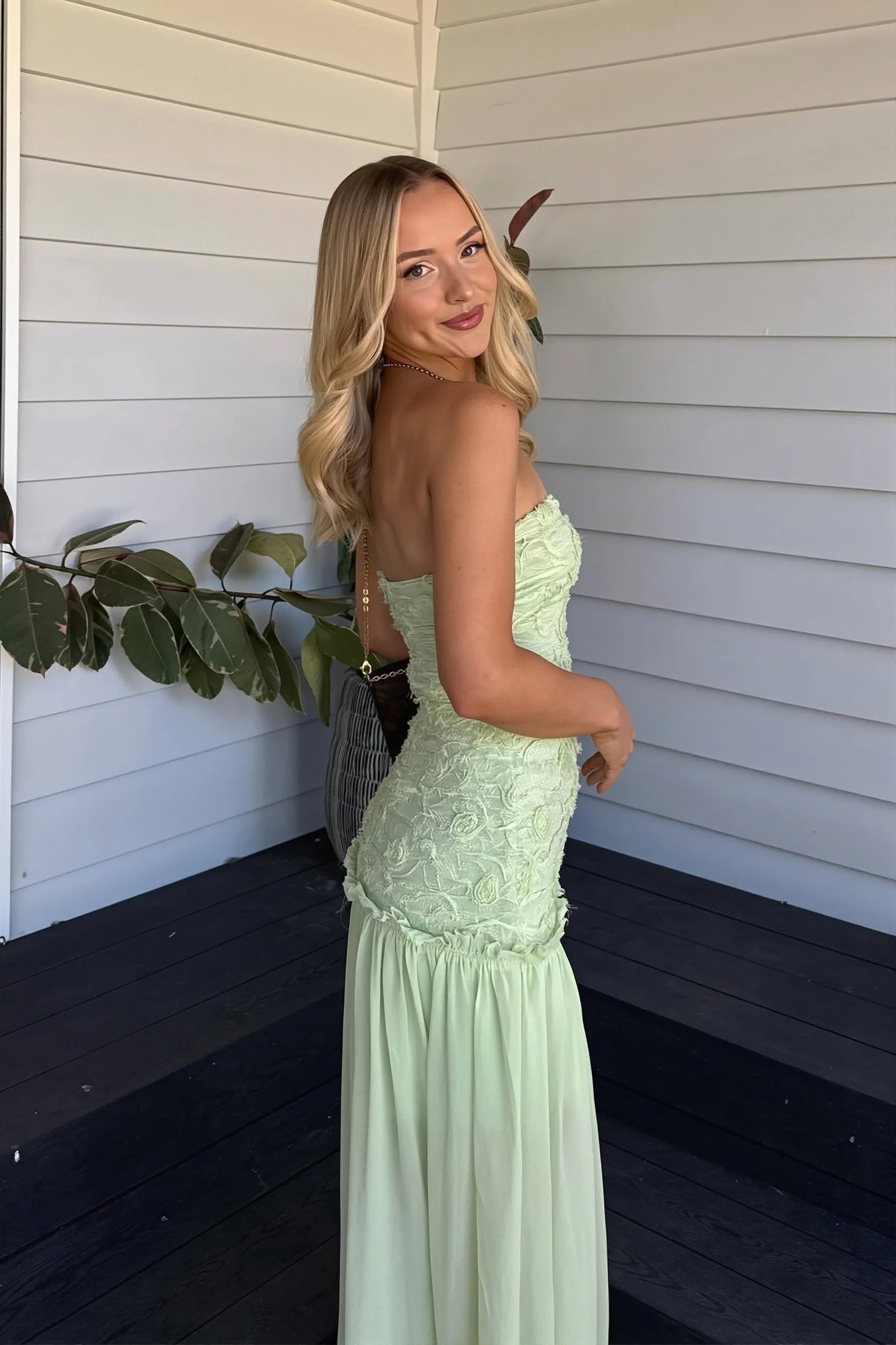 Whimsical Floor-Length Strapless Textured Chiffon Wedding Guest Dress
