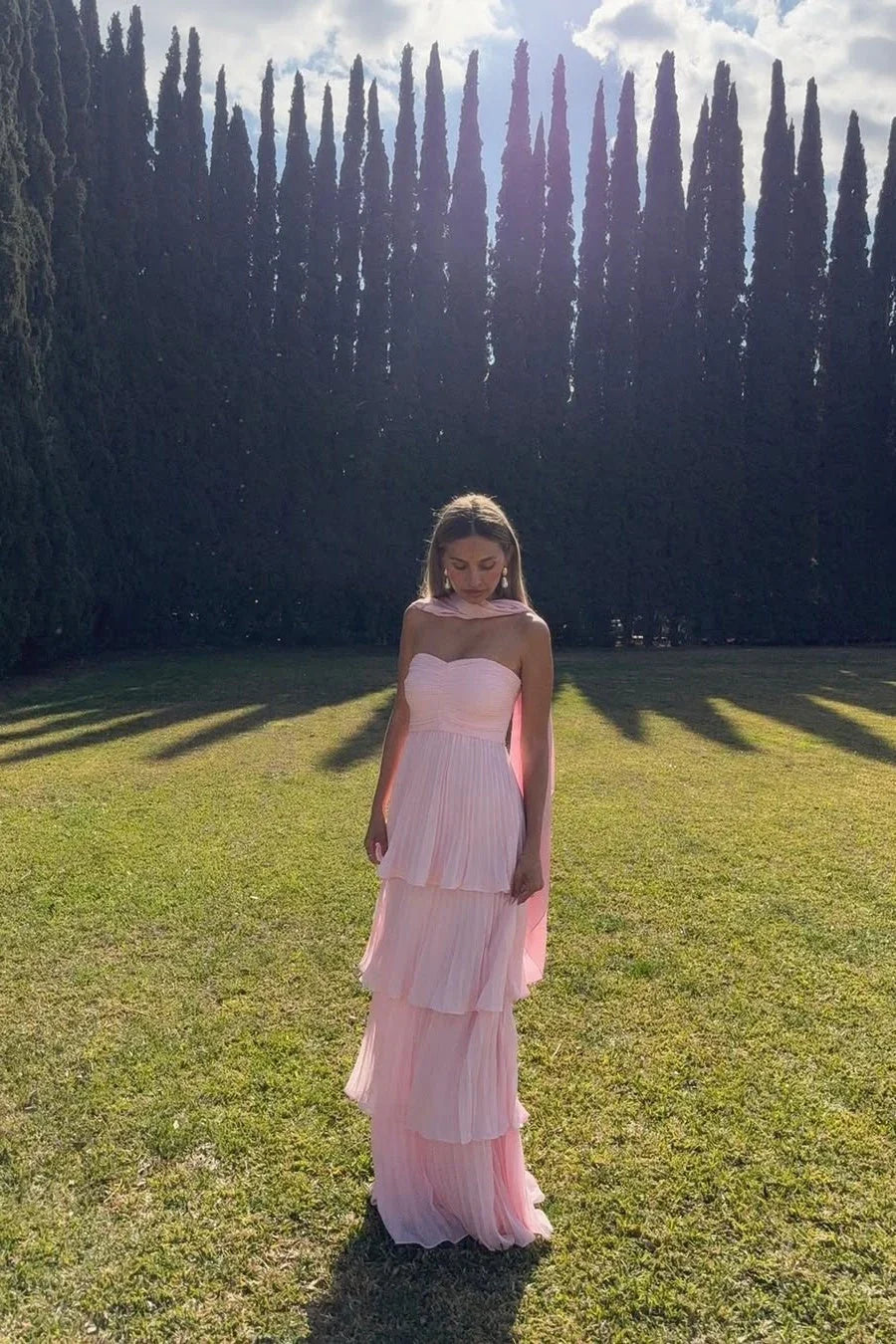 Whimsical Floor-Length Strapless Tiered Pleated Wedding Guest Dress