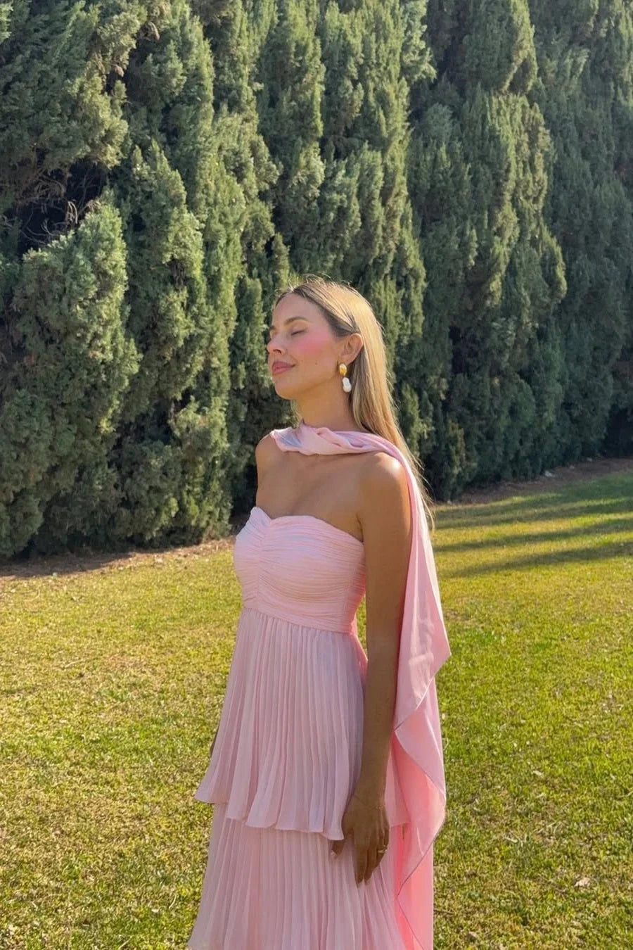 Whimsical Floor-Length Strapless Tiered Pleated Wedding Guest Dress