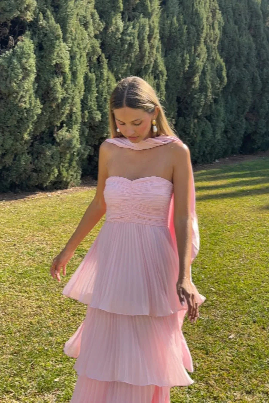 Whimsical Floor-Length Strapless Tiered Pleated Wedding Guest Dress
