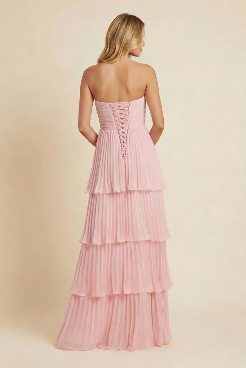 Whimsical Floor-Length Strapless Tiered Pleated Wedding Guest Dress
