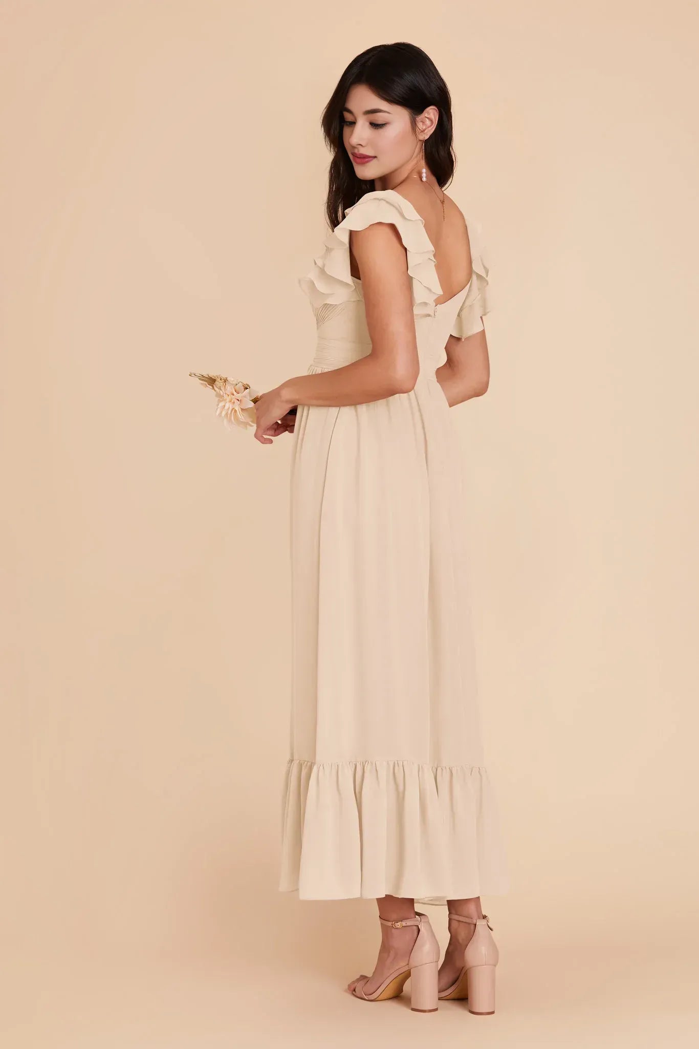 Whimsical Midi Ruffle Off‑Shoulder Empire Waist Square Back Wedding Bridesmaid Dress