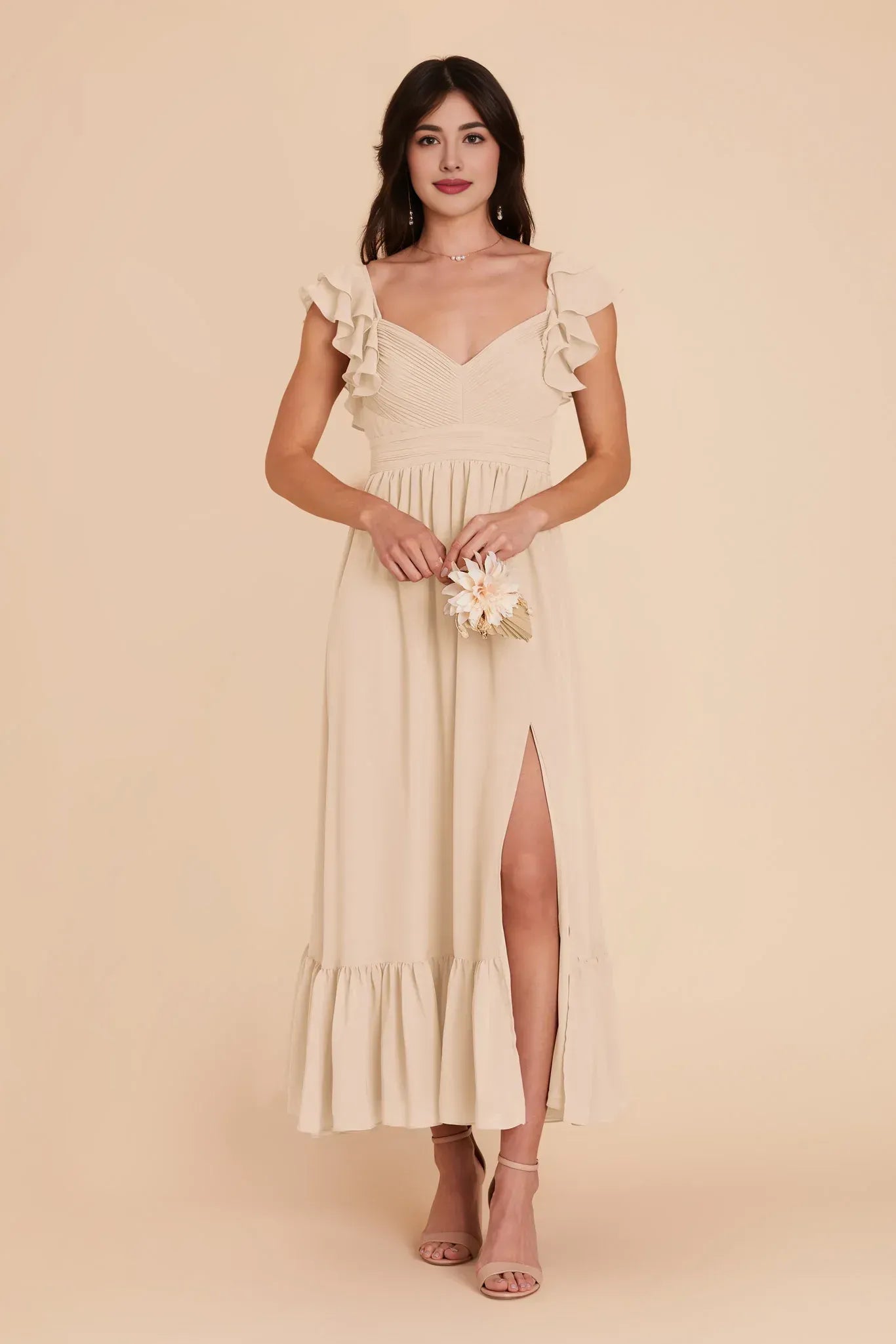 Whimsical Midi Ruffle Off‑Shoulder Empire Waist Square Back Wedding Bridesmaid Dress