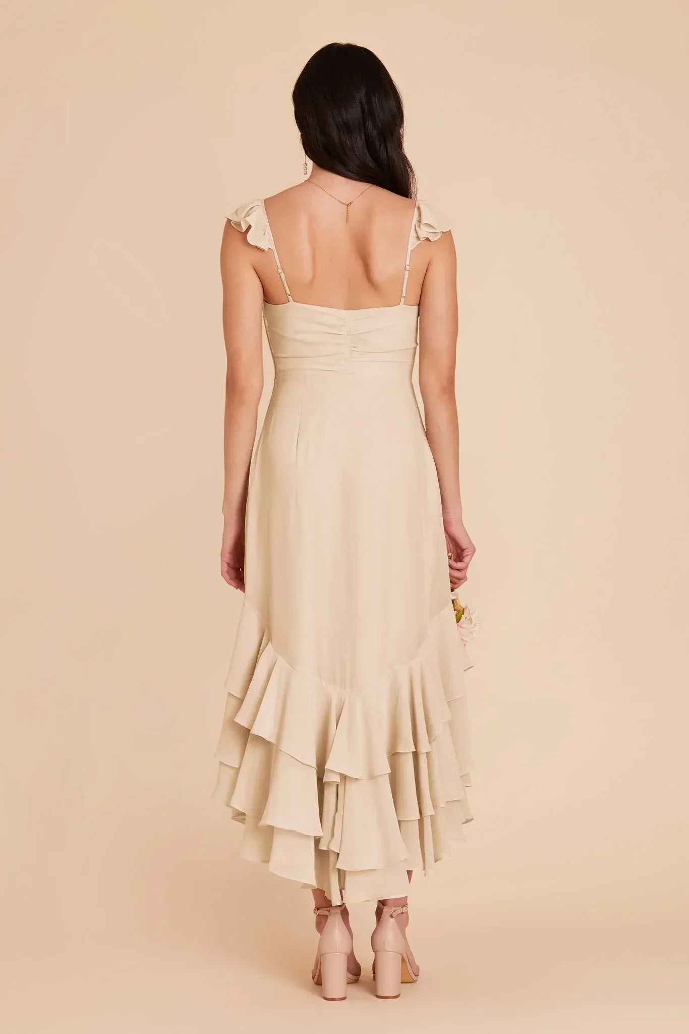 Whimsical Midi Ruffle V Neck Spaghetti Strap Tiered Back Wedding Bridesmaid Dress