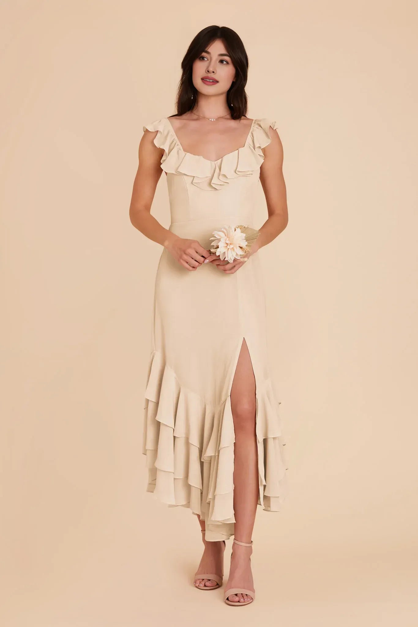 Whimsical Midi Ruffle V Neck Spaghetti Strap Tiered Back Wedding Bridesmaid Dress