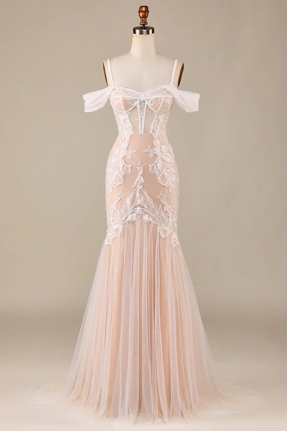 Whimsical Off-Shoulder Bow Strap Sheer Corset Lace Mermaid Wedding Dress With Nude Lining Floor Sweep Train