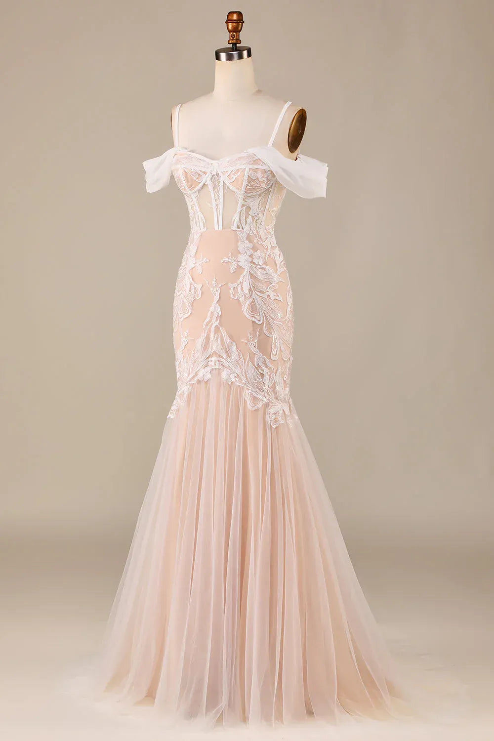 Whimsical Off-Shoulder Bow Strap Sheer Corset Lace Mermaid Wedding Dress With Nude Lining Floor Sweep Train