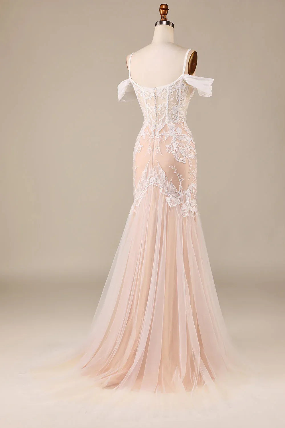 Whimsical Off-Shoulder Bow Strap Sheer Corset Lace Mermaid Wedding Dress With Nude Lining Floor Sweep Train