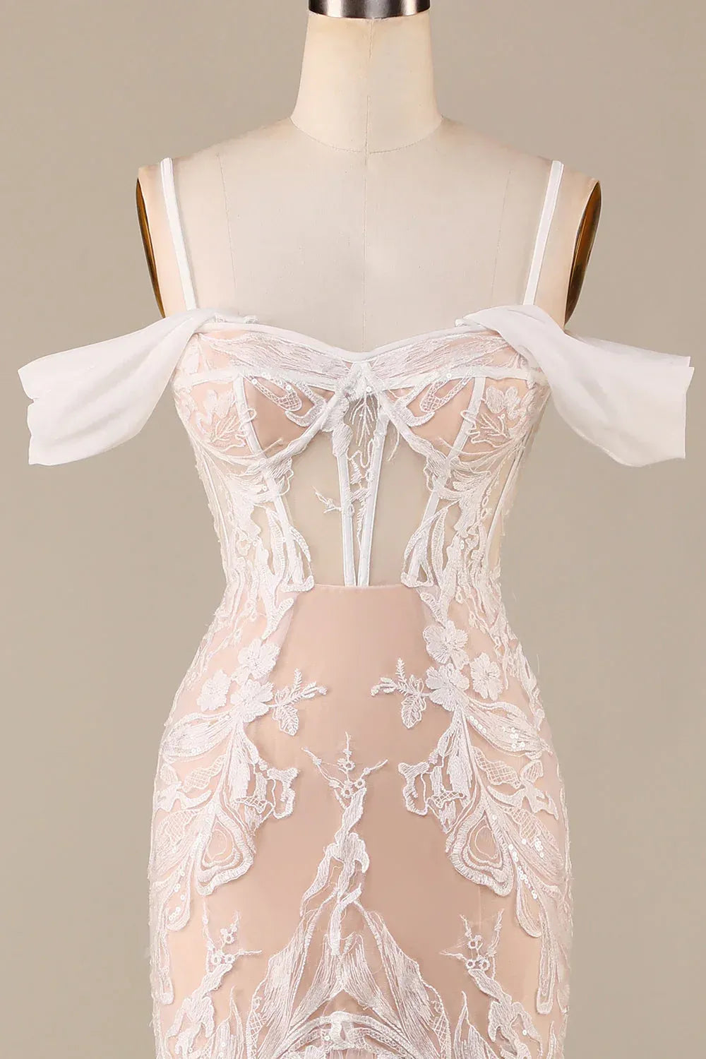 Whimsical Off-Shoulder Bow Strap Sheer Corset Lace Mermaid Wedding Dress With Nude Lining Floor Sweep Train