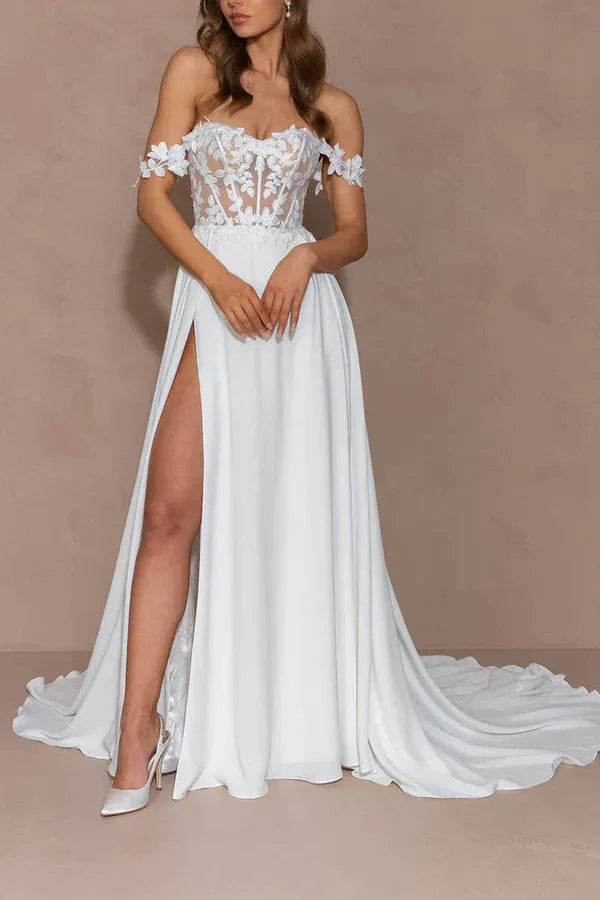 Whimsical Off-the-Shoulder Floral Lace Chiffon A-Line Floor-Length Wedding Dress