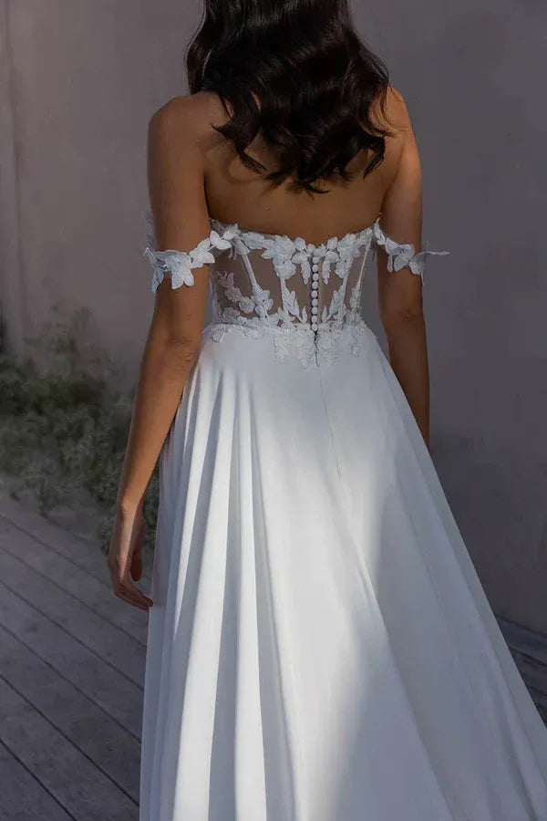 Whimsical Off-the-Shoulder Floral Lace Chiffon A-Line Floor-Length Wedding Dress