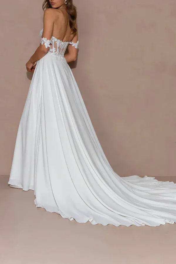 Whimsical Off-the-Shoulder Floral Lace Chiffon A-Line Floor-Length Wedding Dress