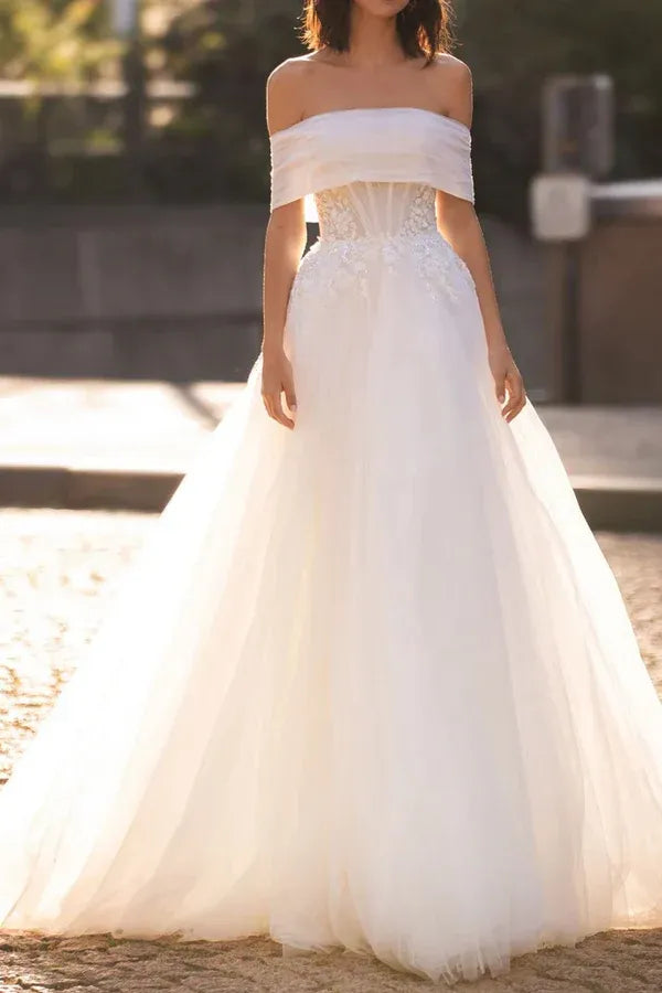 Whimsical Off-the-Shoulder Strapless Floral Lace Tulle A-Line Floor-Length Wedding Dress