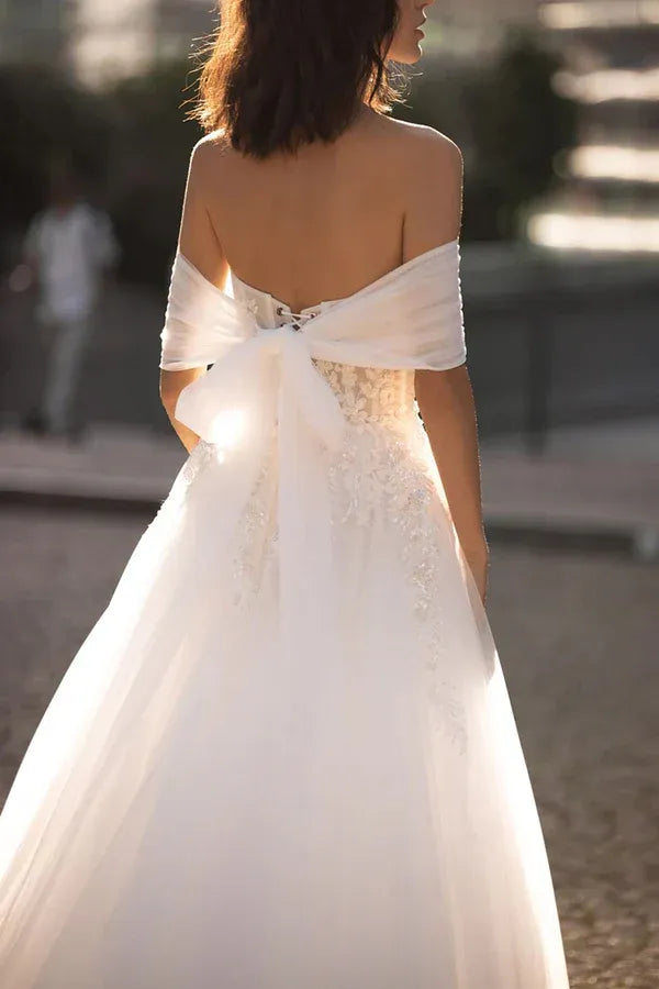 Whimsical Off-the-Shoulder Strapless Floral Lace Tulle A-Line Floor-Length Wedding Dress