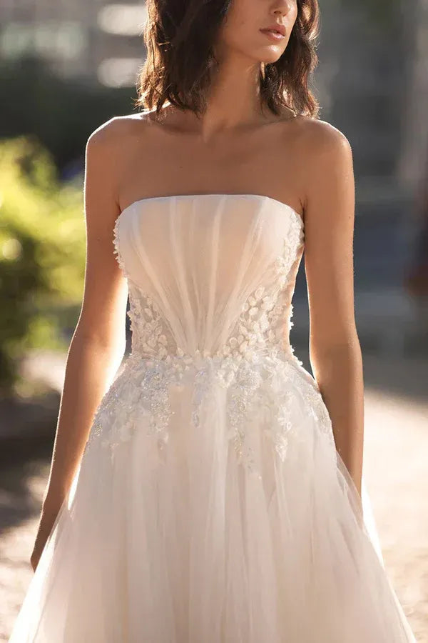Whimsical Off-the-Shoulder Strapless Floral Lace Tulle A-Line Floor-Length Wedding Dress