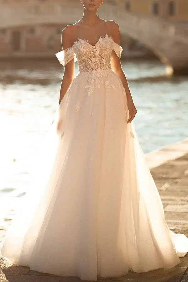 Whimsical Off-the-Shoulder Sweetheart A-Line Floor-Length Wedding Dress