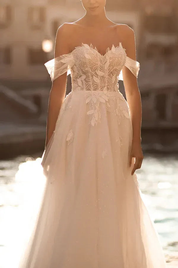 Whimsical Off-the-Shoulder Sweetheart A-Line Floor-Length Wedding Dress